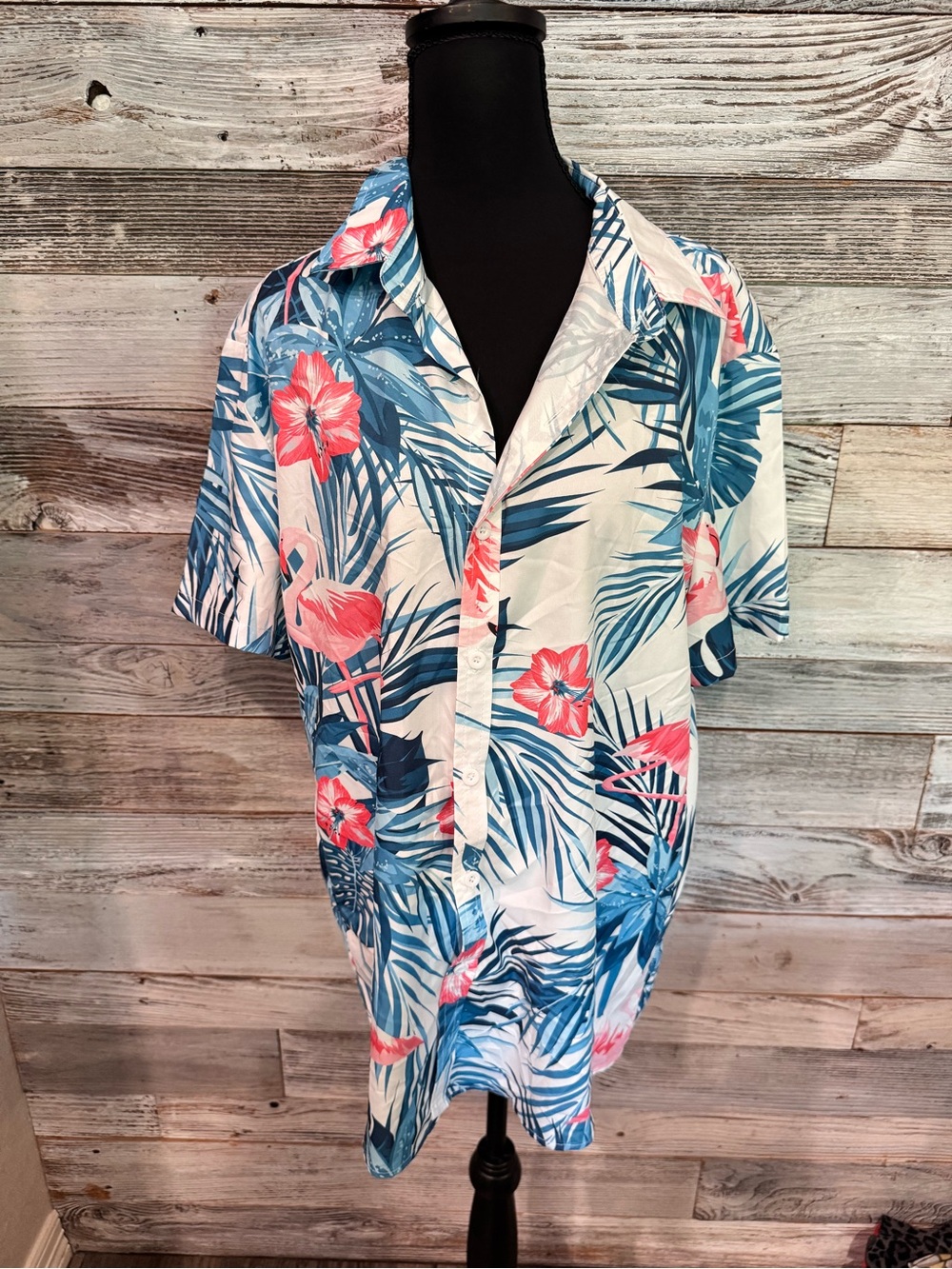 Amazon Women's Tropical Flamingo Button-Down Shirt — Blue & Pink